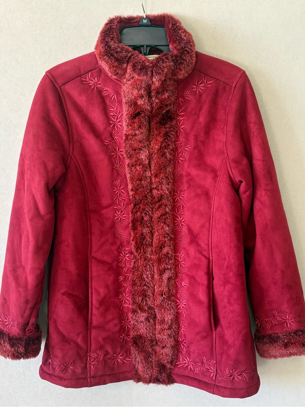 L.L. Bean VTG Red Penny Lane Sm Faux Suede & Fur Embroidered Jacket And Mittens